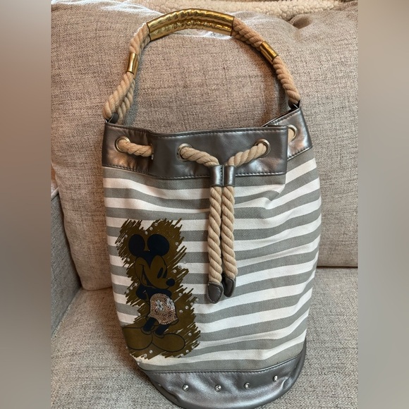 DISNEY MICKEY MOUSE CANVAS SILVER & CREAM RHINESTONE ROPED STRAP TOTE BUCKET BAG - Picture 13 of 13